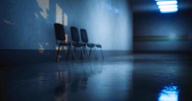 CGI Echoes in an empty corridor at night illuminated by soft blue light video