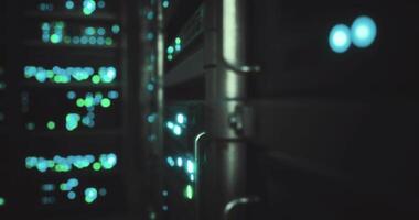 CGI Illuminated server equipment in a data center showcasing technology at work video