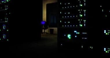 CGI Data center illuminated with vibrant lights and computer equipment at night video