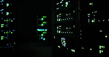 CGI Data center lights illuminate technology and hardware in a darkened environment video