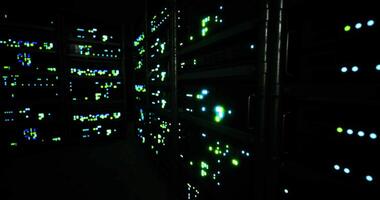 CGI Data center illuminated with bright lights showcasing server technology video
