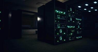 CGI Data center with illuminated servers in dimly lit environment at night video