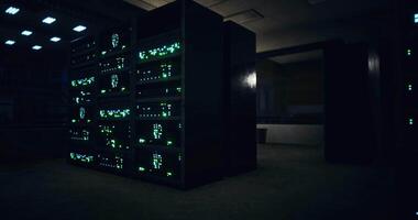 CGI Servers illuminate a dark data center during nighttime operations video