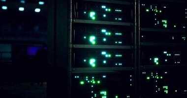 CGI Network server room displaying vibrant lights and technology at night video