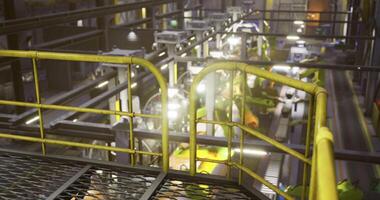 CGI High tech manufacturing facility with robotic arms and assembly lines in action video