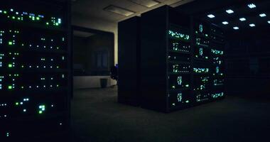CGI Server room illuminated by glowing hardware creates a high tech atmosphere video