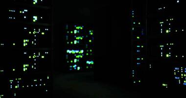 CGI Bright lights illuminate data servers in a dark server room environment video