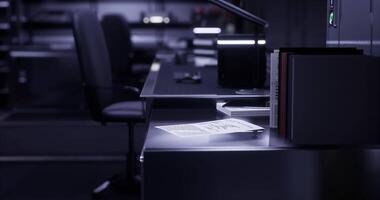 CGI Workspace with documents and office furniture during late hours video