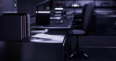 CGI Modern office workspace with minimalist design and ambient lighting at night video