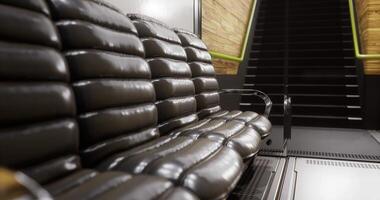 CGI Comfortable black seating in a modern public space near a staircase video