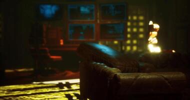 CGI Mysterious atmosphere in a dimly lit control room with glowing screens video