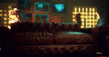 CGI Cozy vintage leather couch in illuminated modern room with screens video