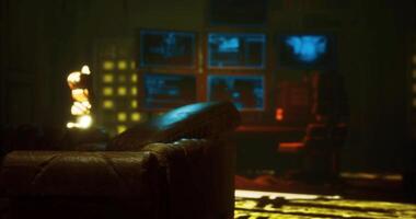 CGI Cozy, dim room with a welcoming couch and colorful screens video
