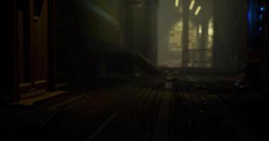 CGI Abandoned interior of a dark room with scattered debris in a forgotten building video