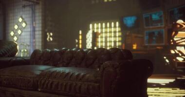 CGI Cozy vintage couch in warm lit interior with a soft atmosphere at dusk video