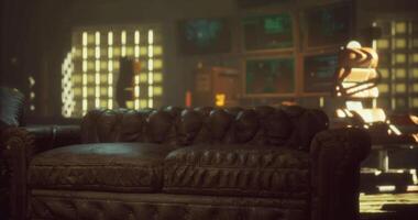 CGI Vintage leather couch in a dimly lit office with modern decor video