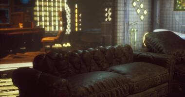 CGI Cozy leather sofa in a dimly lit retro room with glowing elements video