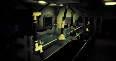 CGI Illuminated workspace features unique lamp fixtures in dark environment video
