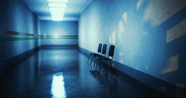 CGI Empty hallway features chairs with soft blue lighting in a quiet space video
