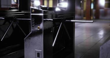 CGI Turnstile mechanism at a busy urban subway station during evening hours video