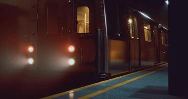 CGI Subway train arriving at a dimly lit station during nighttime video