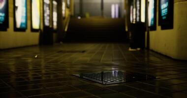 CGI Empty urban pathway lit by neon lights at night with rain soaked tiles video