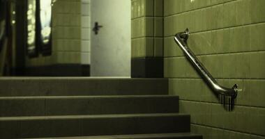 CGI Steps leading down with grab rail in a dimly lit public space video