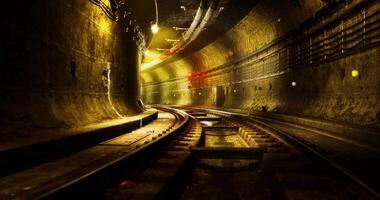 CGI Dark underground tunnel with railway tracks and ambient lighting video