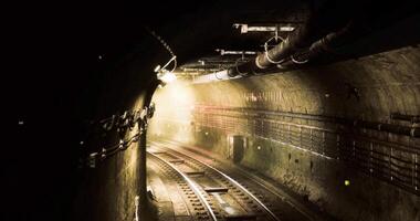 CGI Dimly lit underground tunnel with railway tracks and lighting fixtures video