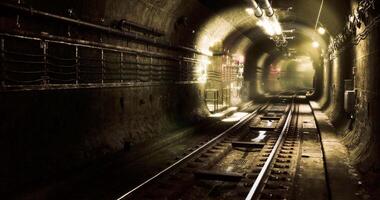 CGI Exploration of an abandoned subway tunnel with dim lighting video