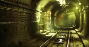 CGI Underground railway tunnel with yellow lights and tracks on a quiet evening video