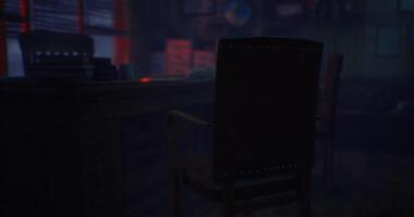 CGI Mysterious office setting with dim lighting and empty chair by desk video
