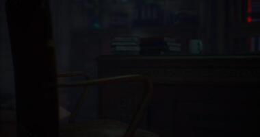 CGI Desk with stacked books and a coffee mug in a dimly lit office space video