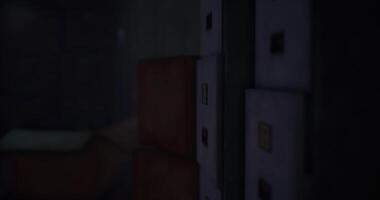CGI Storage room filled with boxes and lockers in a dimly lit environment video