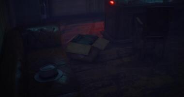 CGI Abandoned room with a couch and a box in dim light at dusk video
