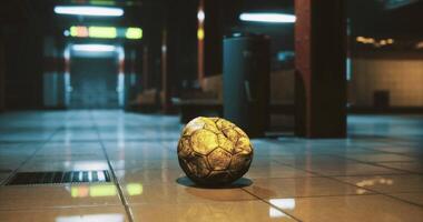 CGI Empty underground space features a lone soccer ball resting on tiled floor video