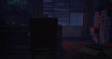 CGI Mysterious dimly lit office with scattered papers and a lone chair video