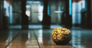 CGI Unique textured object placed on polished floor in hallway setting video