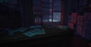 CGI Mysterious office with papers and dim lighting during late evening hours video
