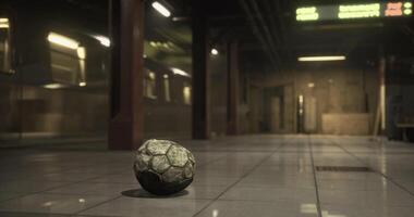 CGI Old soccer ball rests on a deserted subway station floor at twilight video