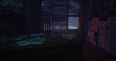 CGI Desk cluttered with papers and dim lighting creates a mysterious atmosphere video