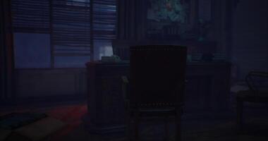 CGI Dark room with a single chair and a desk creating a mysterious atmosphere video