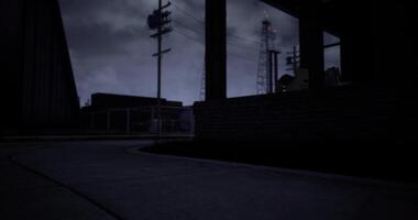 CGI Dark urban landscape at dusk with industrial elements and power lines video