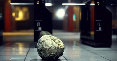 CGI Abandoned soccer ball rests on pavement near entryway in urban location video