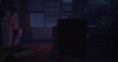 CGI Dark office space with a chair in front of a desk during nighttime hours video