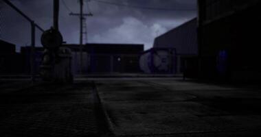 CGI Darkened alleyway lit by distant light with ominous clouds overhead video