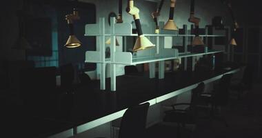 CGI Office workspace illuminated by desk lamps in dimly lit environment at night video
