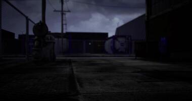 CGI Urban alley under stormy skies with dim lighting and shadows video