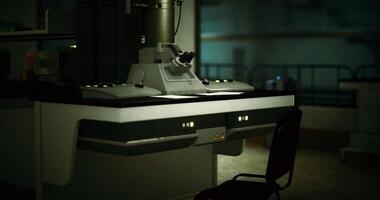 CGI Laboratory workspace with advanced equipment and dim lighting at night video