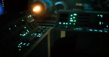 CGI Control room with glowing buttons in dim lighting at a facility video